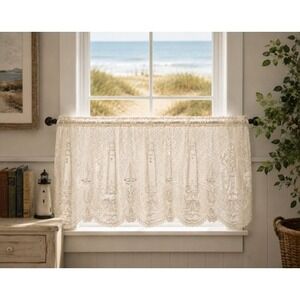 Vintage Heritage Lace Lighthouse Tier Curtain 60x36 Ecru NOS Nautical USA